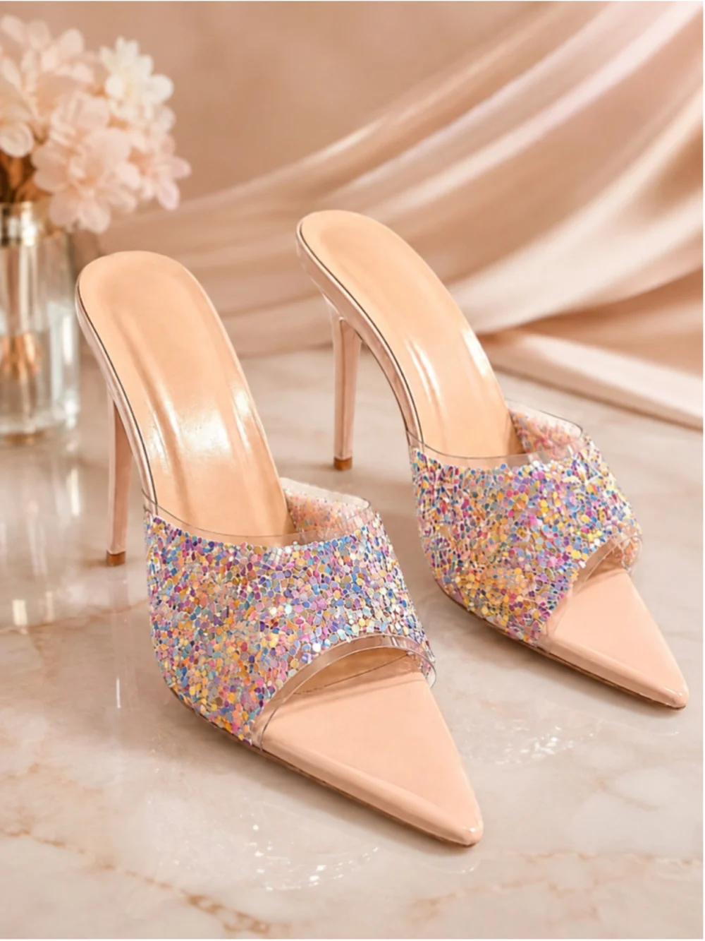 New Glitter PVC Stiletto Pointed-Toe Mule Heels